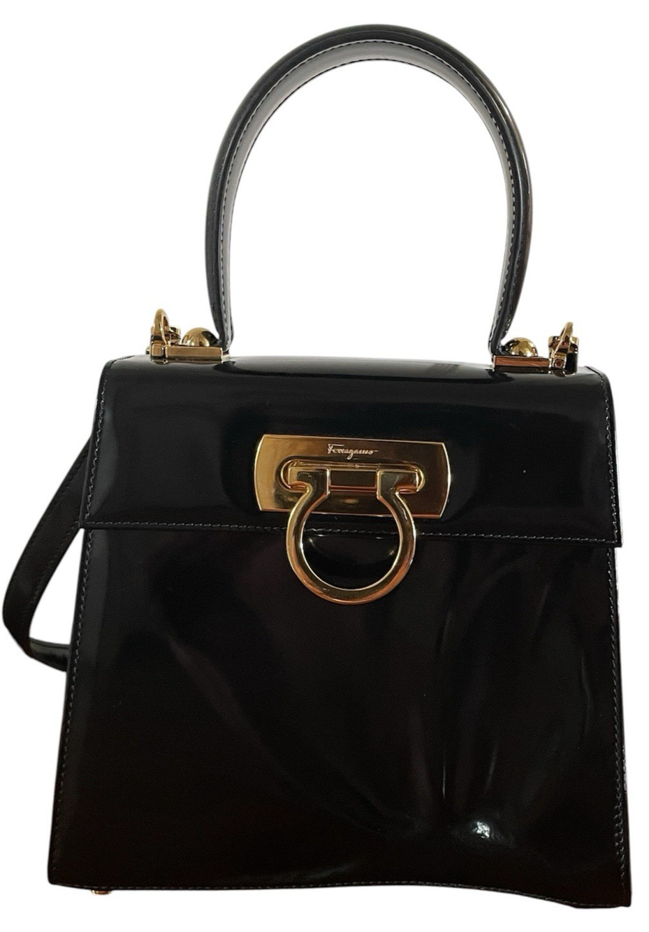 Vintage Ferragamo Black Patent Leather Top Handle Gancini Flap Crossbody